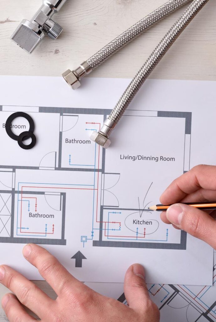 plumbing technician making notes on a plan of water installation